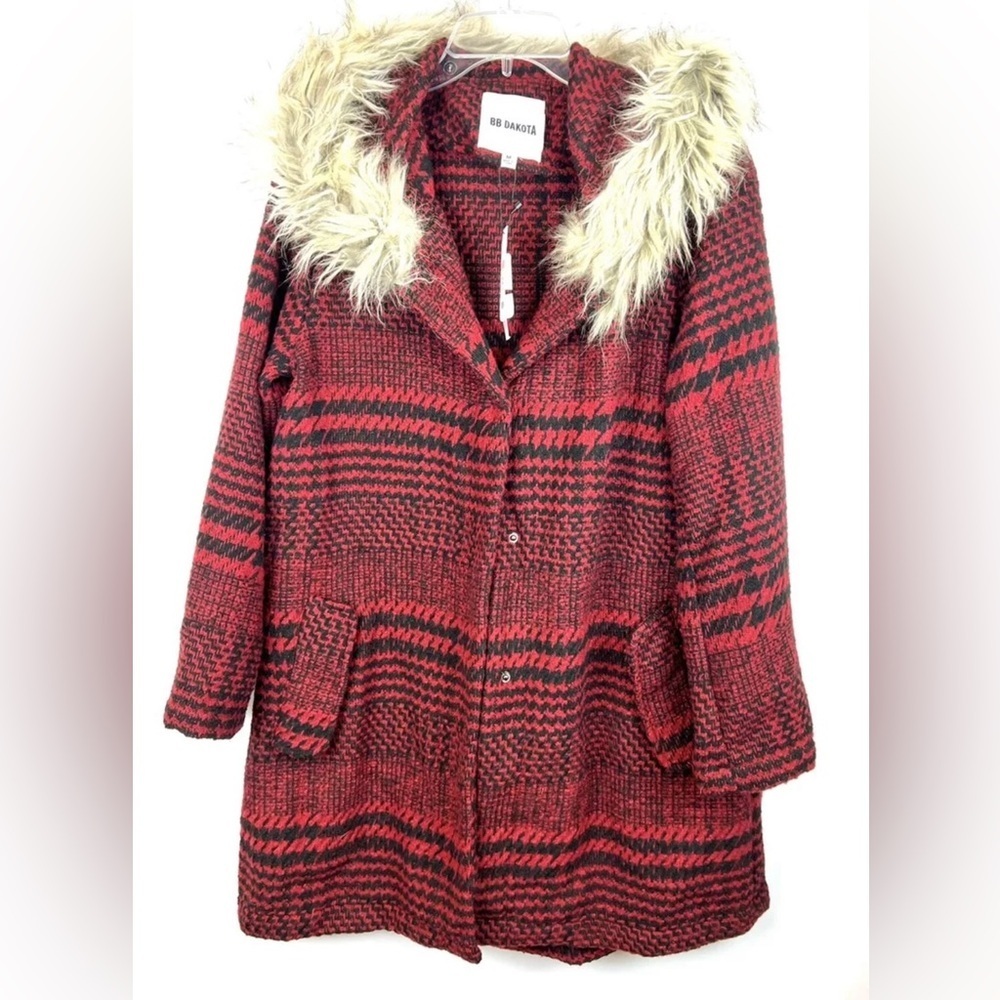 BB Dakota Women’s Red/Black Wool Hooded Coat Size Medium